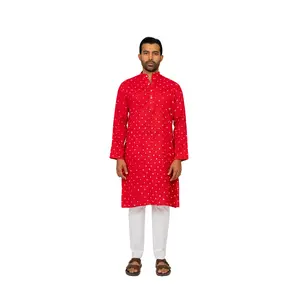 Men's Cotton Printed Bandhani Kurta Long Sleeves