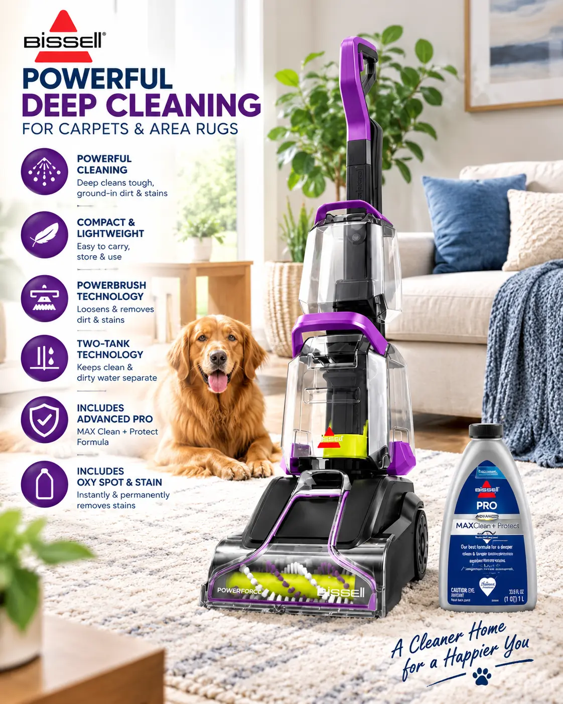 BISSELL PowerForce PowerBrush Upright Deep Cleaner, for Carpet, Compact and Lightweight, Advanced Pro Max Clean + Protect Formula Included, 3938