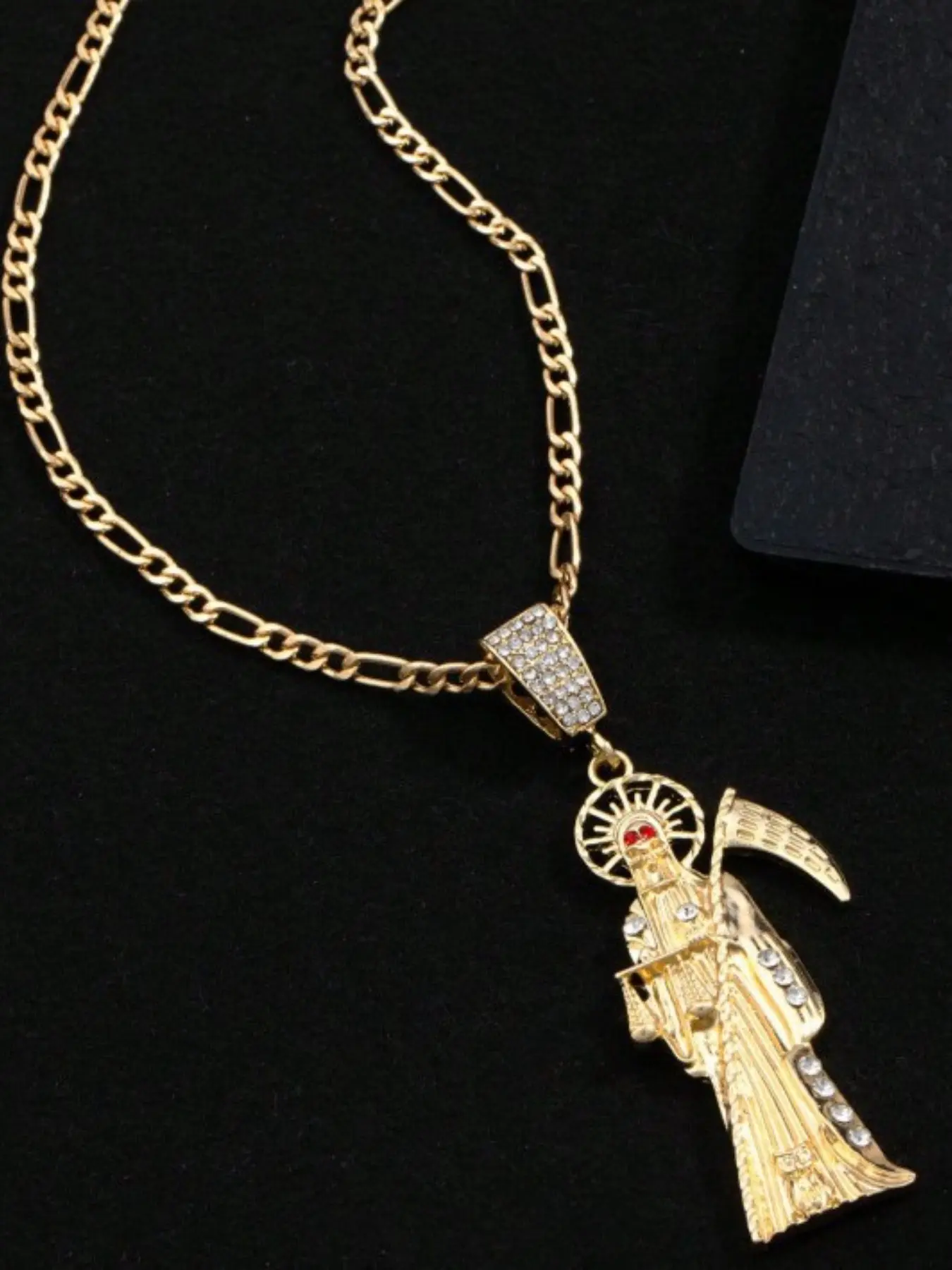 Men's Saint Death Alloy Necklace with Saint Jude Chain and Pendant, Gothic Luck Charm, Protective Talisman, Casual Style, Religious Jewelry, All Seasons, Holiday Gift, Gothic Mystery Jewelry, Gothic Witch Jewelry, Cuban Link Chain
