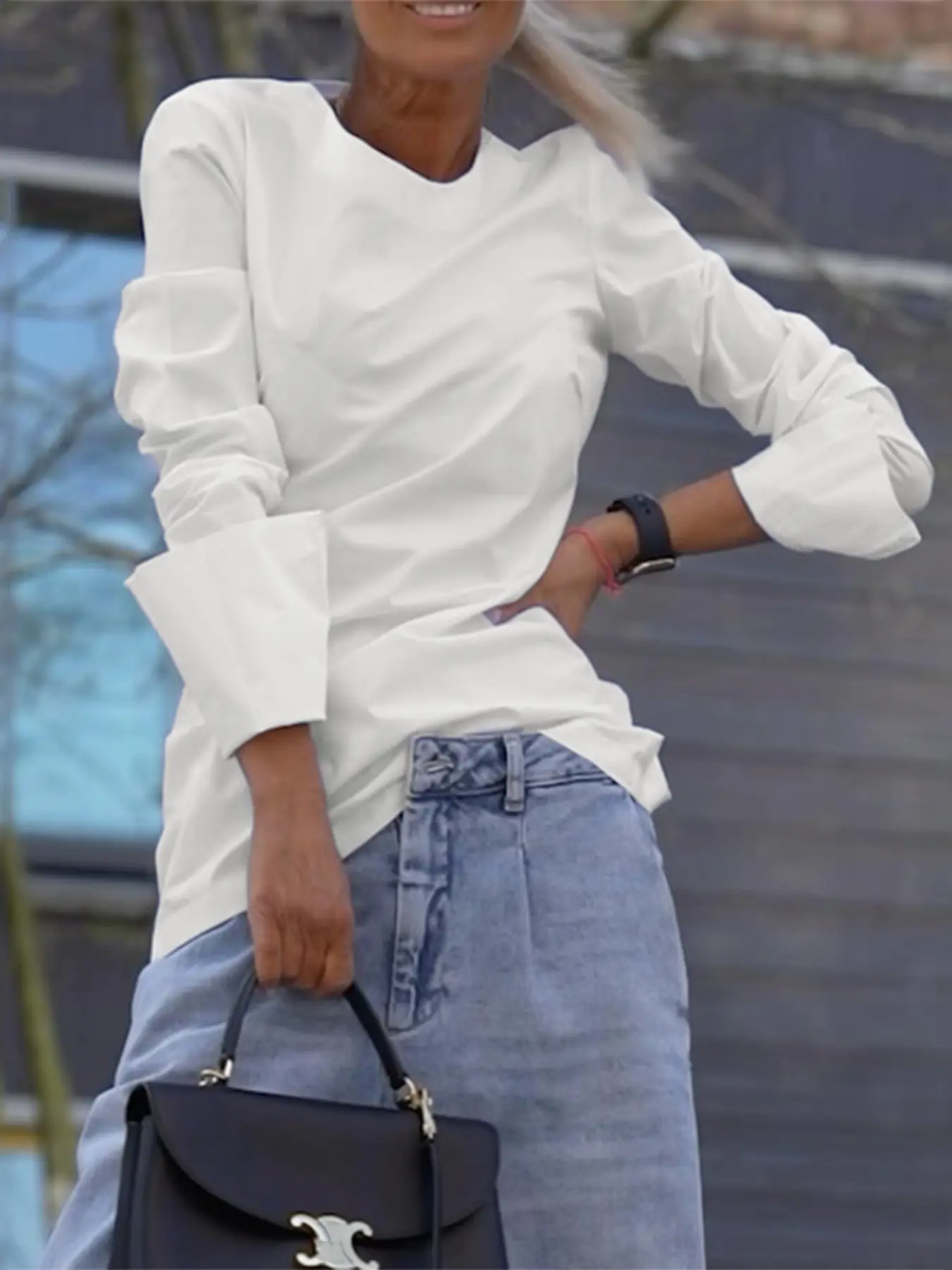 UOOZEE Women's Woven Fabric Round Neck Long Sleeve Fitted Basic T-Shirt - Comfortable Fit Everyday Casual Chic Top, Casual Tops, Stylish Versatile Ladies' Clothing Womenswear