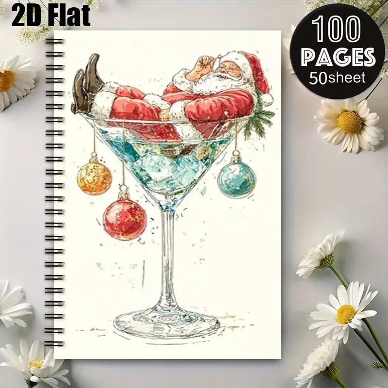 1 Christmas Cocktail Themed Spiral Coil Notebook, 5.7x8.26 Inch, Santa Claus Design, Festive Holiday Journal, Xmas Party Planner, Winter Celebration Notes, Gift for Christmas Lovers, Holiday Season Writing Notebook [2D] Flat