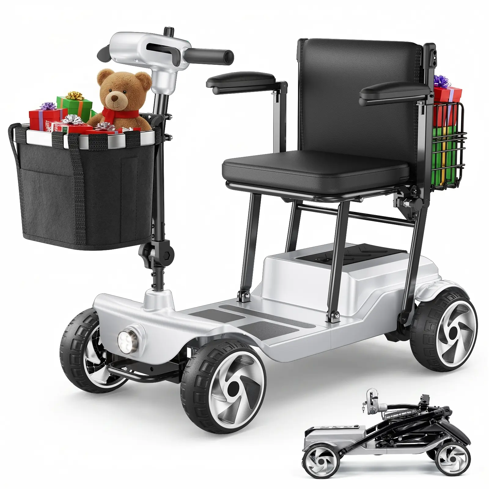 SwiftEco 4 Wheel Mobility Scooter - Electric Powered Wheelchair Device - Compact Heavy Duty Mobile for Travel,ebike Adults, Elderly - Long Range Power Extended Battery with Charger & Basket-Folding, Collapsible and Compact for Travel，330 lb Capacity