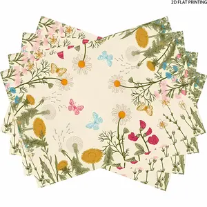 2D flat printing, 2-piece/4-piece/6-piece/8-piece set, rustic style table mat, spring theme, colorful flower and butterfly pattern table mat decoration, suitable for kitchen, dining room, home decoration, parties, wedding banquet tables