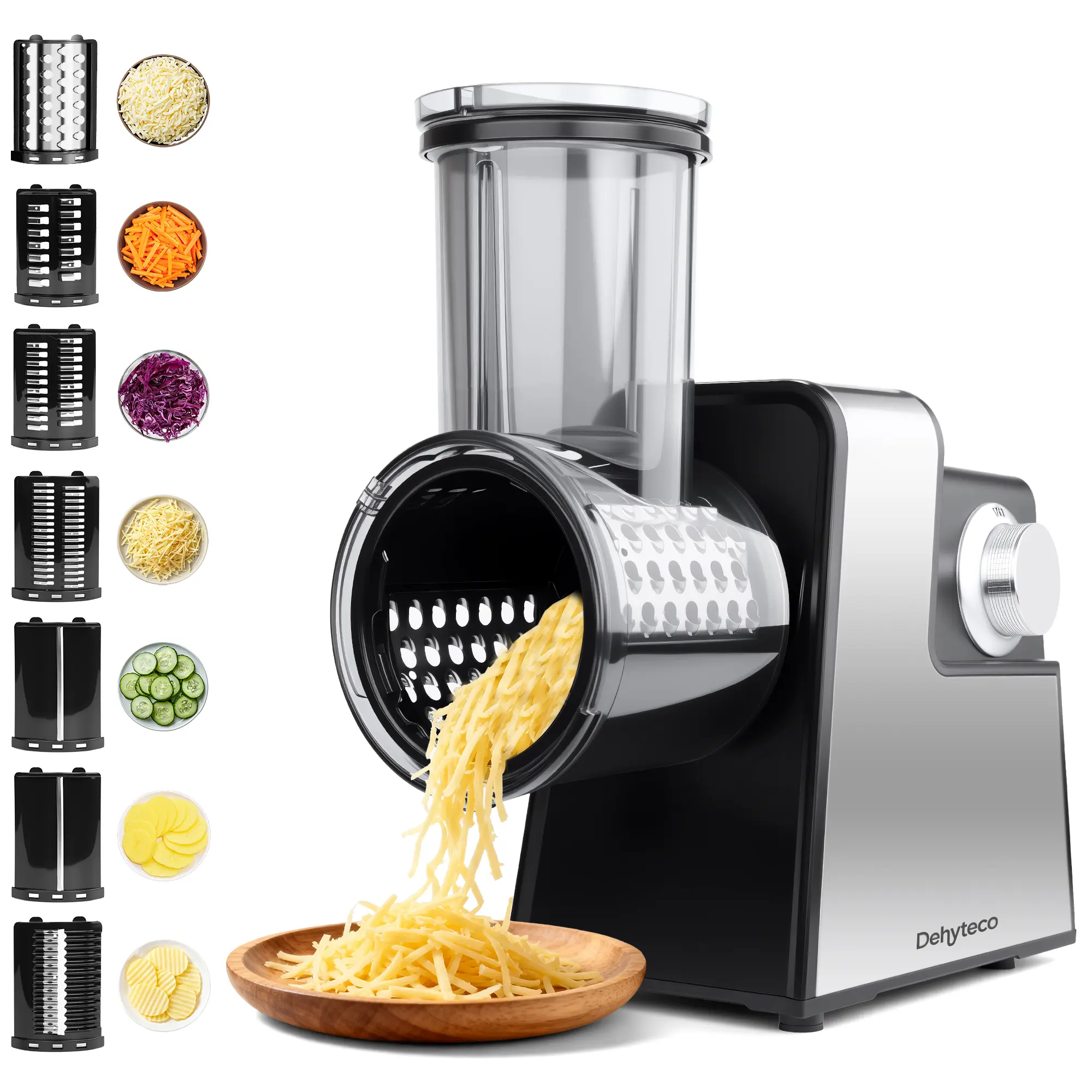 Electric Cheese Grater 7 in 1,Stainless Steel Salad Shooter,Slicer Shredder | 300W, Rotary Switch, for Block Cheese Vegetables Cucumber Carrot food dolls veggieschopper