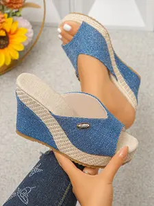 Women's Multicolor Fashion Open-Toe High Heel Wedge Thick Sole Sandals, Casual PU Leather Shoes for Beach, Travel, Home Use