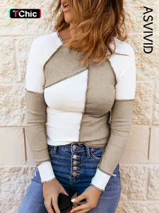 Women's Patchwork Seam Detail  Raglan Sleeve Tee, Casual Long Sleeve Round Neck T-shirt for Spring & Fall, Fashion Women's Top for Daily Wear