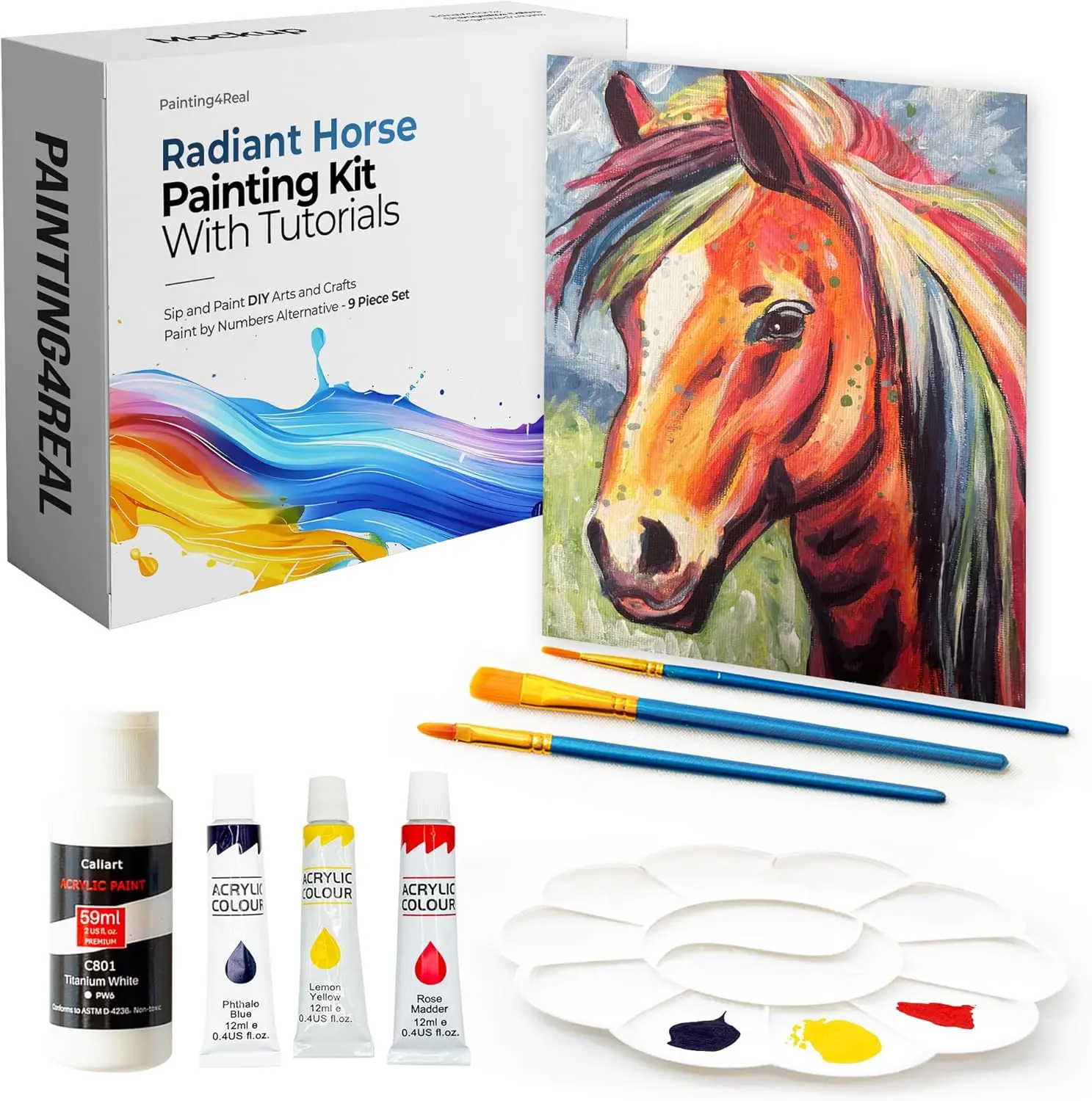 DIY Radiant Horse Acrylic Painting Kit with Video Tutorials - 9pc Art Set for Adults and Beginners