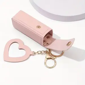 Mini Lipstick Holder Keychain with Compact Mirror, PU Leather Portable Pocket Makeup Organizer for Women Daily Use Gift