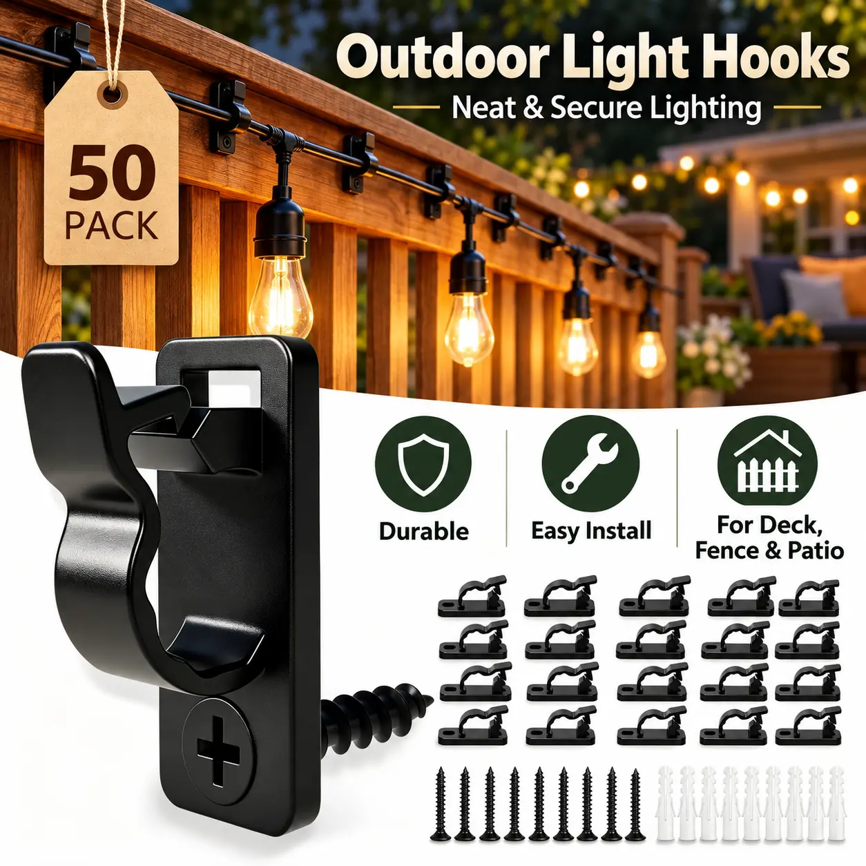 50-Pack Outdoor String Light Hooks with Screws, Weatherproof Cable Clips for Patio & Fence, Secure Hangers for Christmas Lights & Outdoor Decor