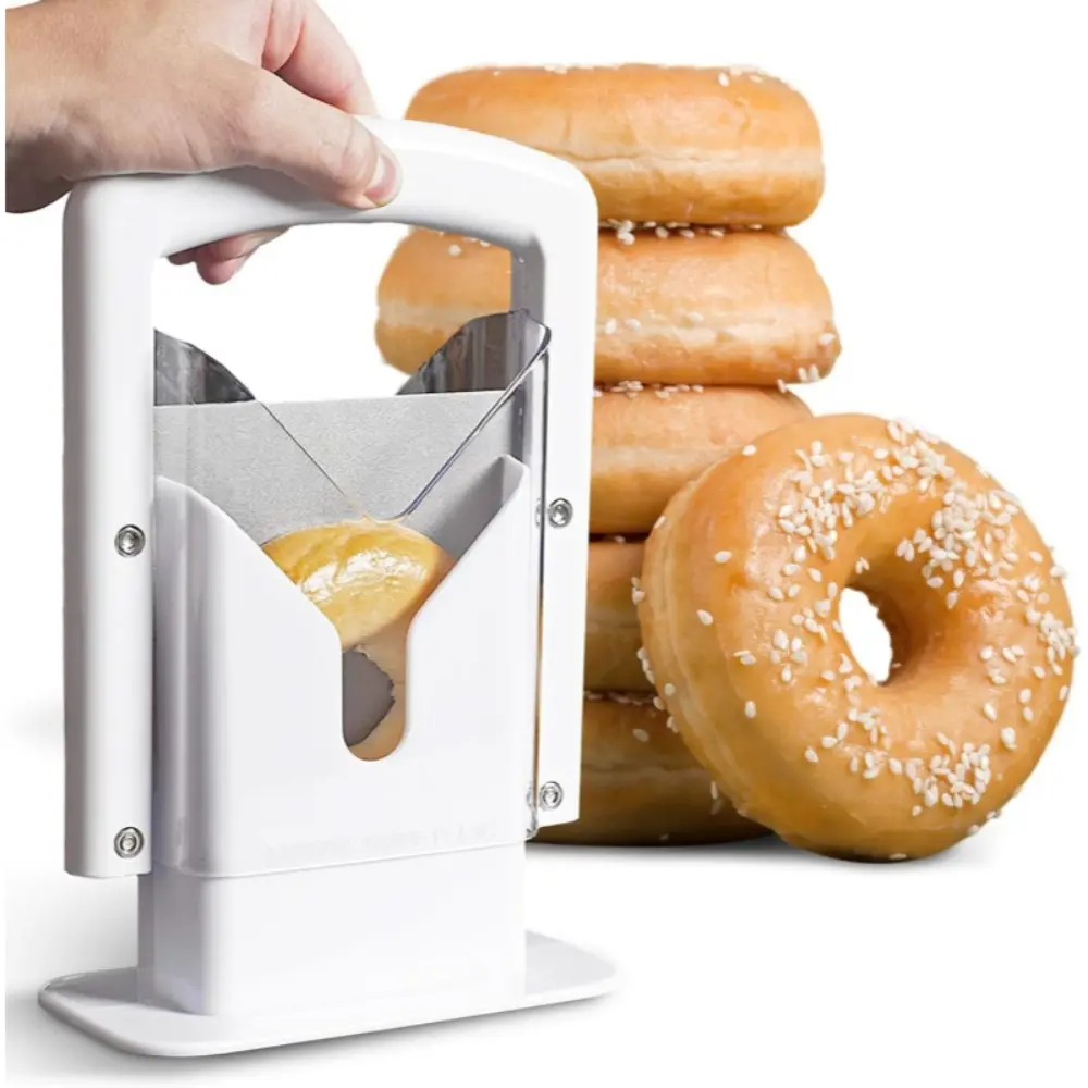 The Original Bagel Guillotine Slicer - 9 Inch Stainless Steel Blade Slicer - Safe and Efficient Easy Bagel Cutter for Muffins, Rolls, Buns with Precision Ground Serrated Blade (White)