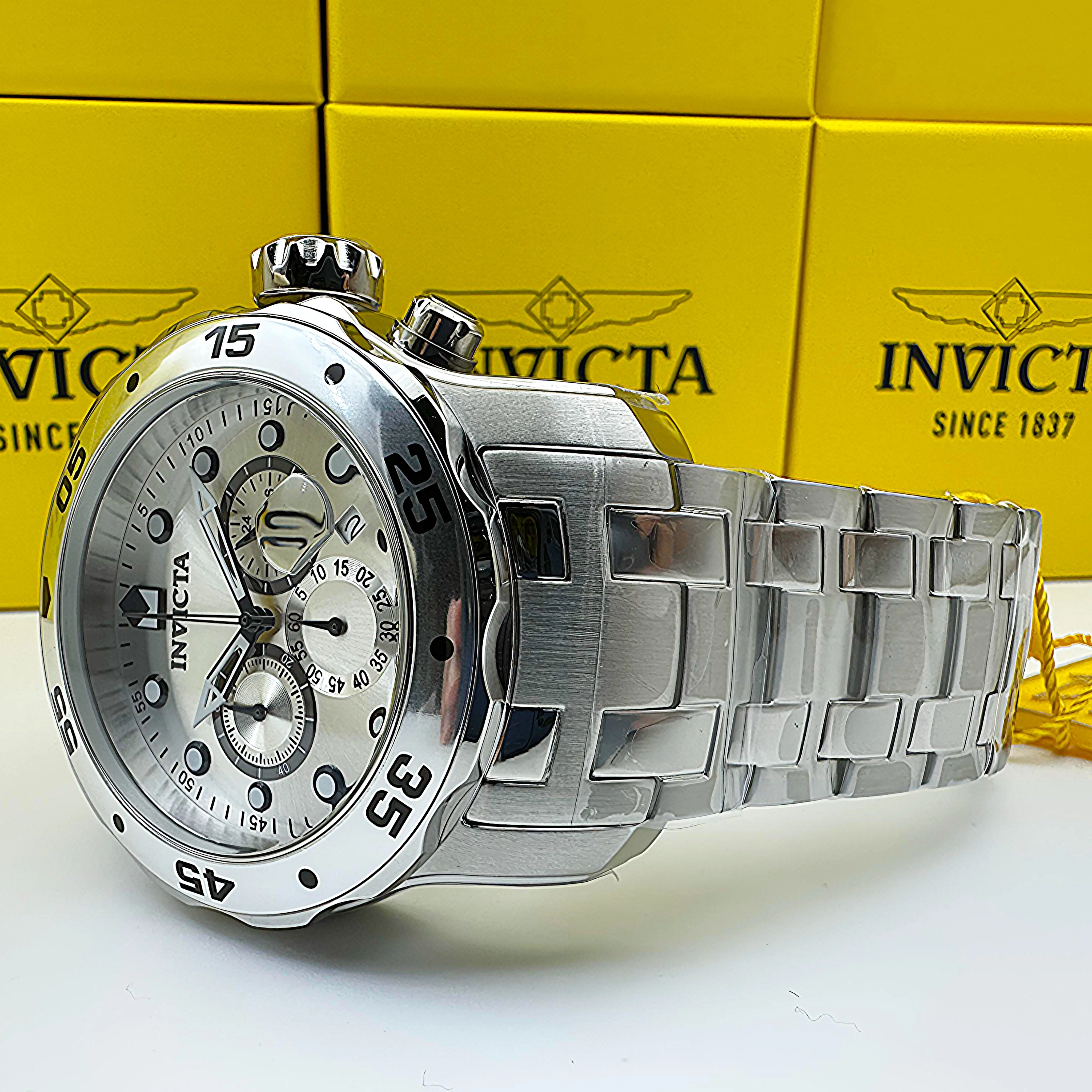 Invicta Men's Pro Diver Scuba Classic VD53 Chronograph Stainless Steel Watch - Round Face, All Silver Dial, Durable Design, Glow-in-the-Dark Chronograph Quartz Watch, Ideal Men's Fashion Accessory Gift, Chronograph Quartz Watches, Glow-In-The-Dark Quartz