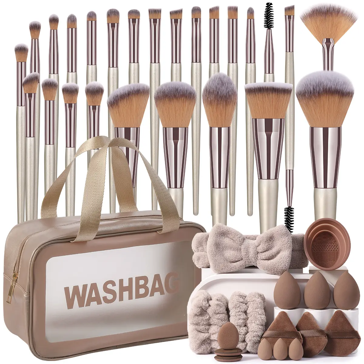 All-In-One Makeup Tools Set Makeup Brush Set with Storage Bag Beauty Sponges Triangle Powder Puffs Plush Hairband Wristbands Silicone Cleaner Bowl Transparent Handheld Washbag for Daily & Travel