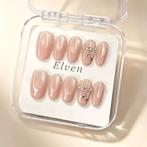 Handmade Nude Pink Press On Nails - Sheer Cat Eye Base with Dangling Rhinestone Chain, Short Oval Reusable Fake Nails, Salon Quality