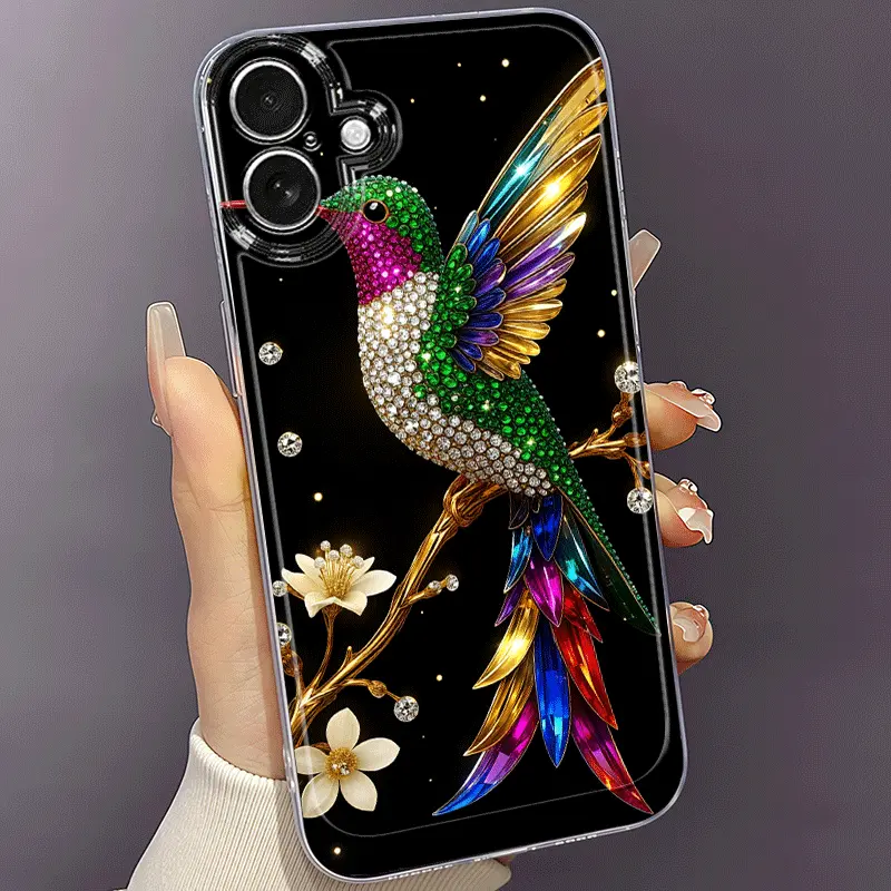 Phone Case - Hummingbird Diamond Flower Phone Case for Iphone 17 Air 16 15 14 13 17Air 17 16E 16 15Plus 14Plus 13 Promax 11 Pro Max X XS XR XSMAX 7 8 6 6S Plus 16E, Creative TPU Durable Anti-Fall Transparent Protective Phone Cover tiktokshopbacktoschool