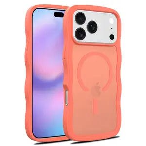Curly Wave Edge Matte Smartphone Casing, Multi-Model Magnetic Shockproof Translucent Slim Protector for iPhone 13/14/15/16/17, Women's Orange Phone Accessory with Wireless Devices Compatibility
