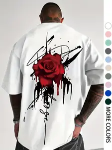 Men's Rose Pattern Print Regular Fit T-Shirt, Summer Casual Fashion Short Sleeve Round Neck Tee, Suitable for Sports Outdoor Activities
