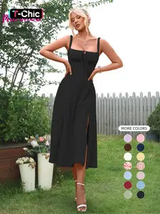 Parthea Women's Plain Ruched Boning Corset Milkmaid Dress, Lace Up Dress, Party Dress, Split Thigh Dress, Tie Front Dress, Elegant Aesthetic Square Neck Midi Dress, Dresses for Women, Frenchy Style Non Bodycon Dress Christmas, Formal Dresses, Adjustable