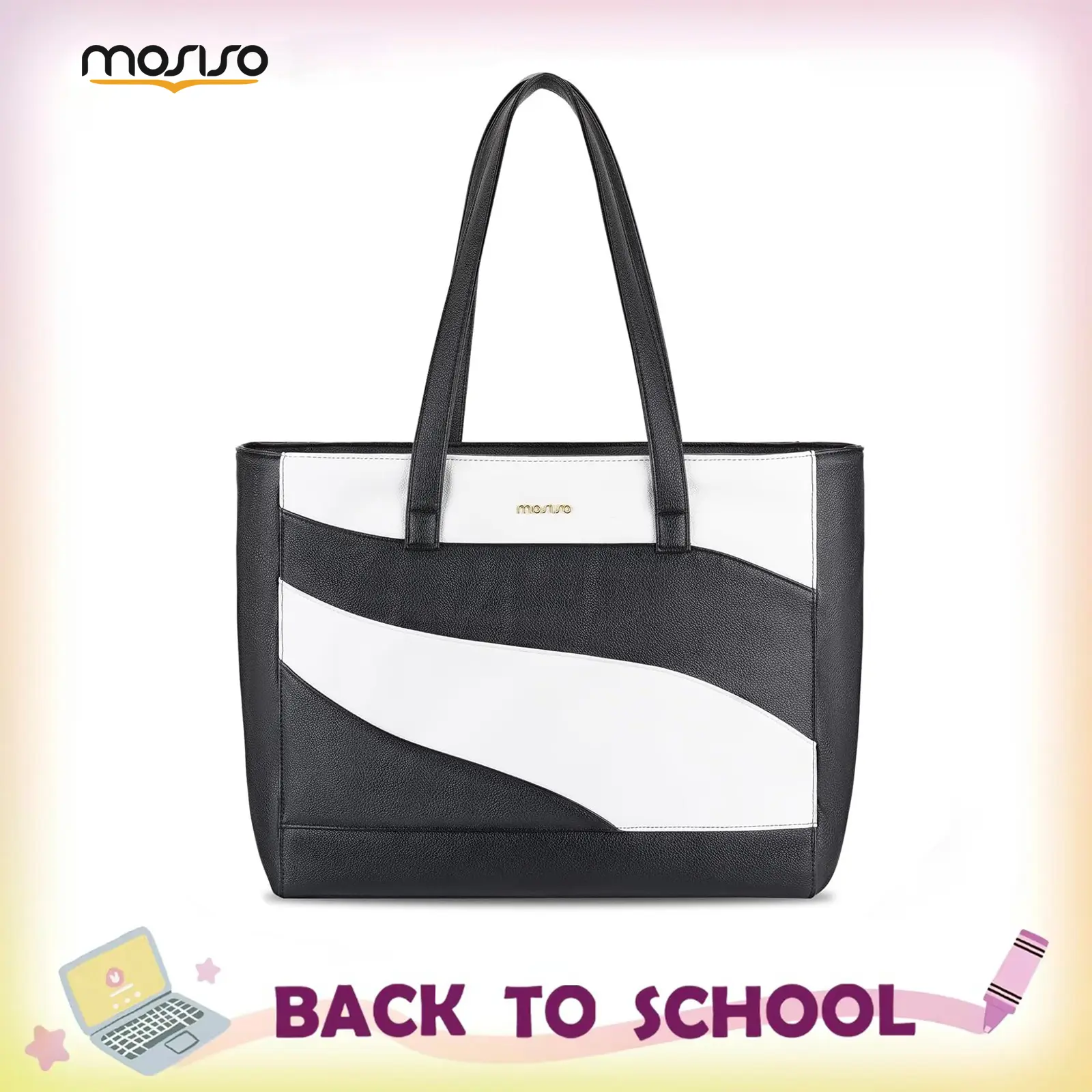 MOSISO Women's 15.6 in Basic Soft PU Leather Laptop Tote Bag - Clean Look, Holiday & Business Use, Velcro Hook-Loop Strap, Zipper, Built-in Keyring Holder, Multi-Compartment, Double Handle, Durable, Dry Clean