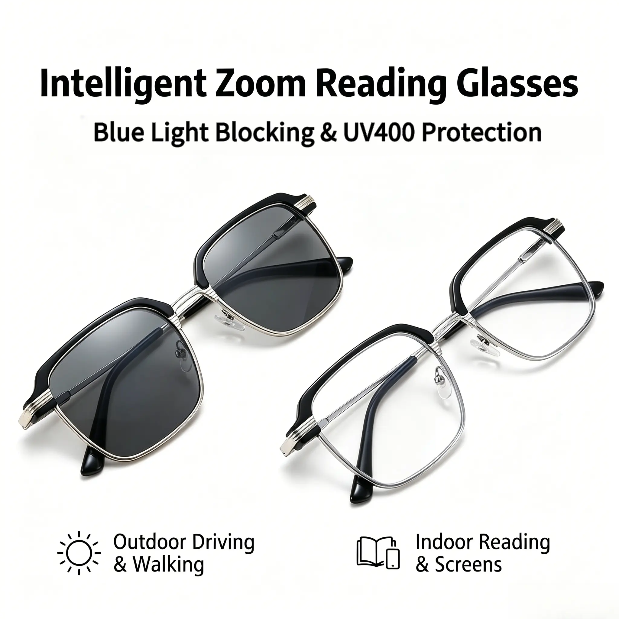 Non-Prescription Progressive Multifocal Reading Glasses for Men & Women - Auto Focus, Photochromic, Blue Light Blocking, Anti-Glare, No-Line, Smooth Vision, No Dizziness, Far-Near Clarity, Practical Birthday Gifts for Parents