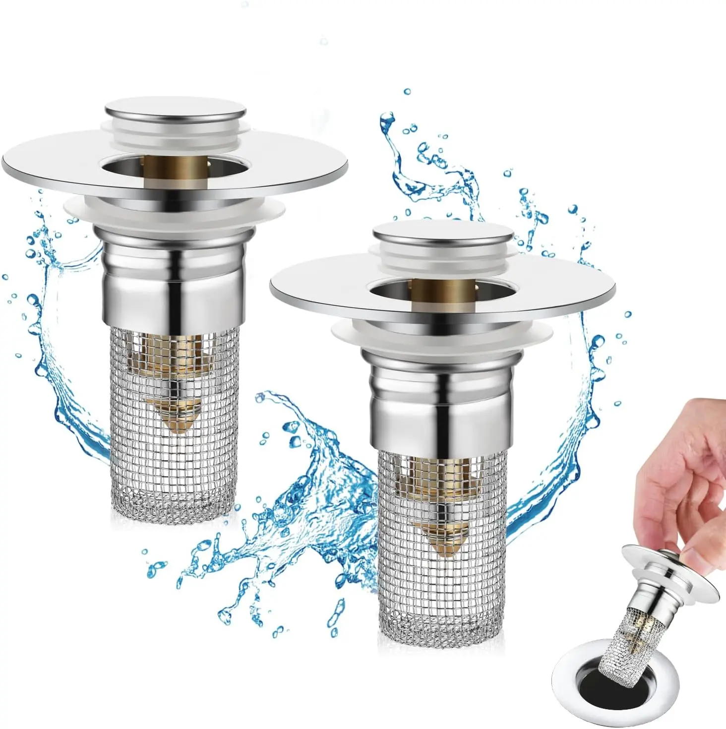 2PCS Bathroom Sink Stopper Strainer, Pop-Up Bathroom Sink Drain Strainer with Removable Stainless Steel Hair Catcher Basket, Universal Fit for US Bathroom Sinks, Bathtubs, Showers & Floor Drains