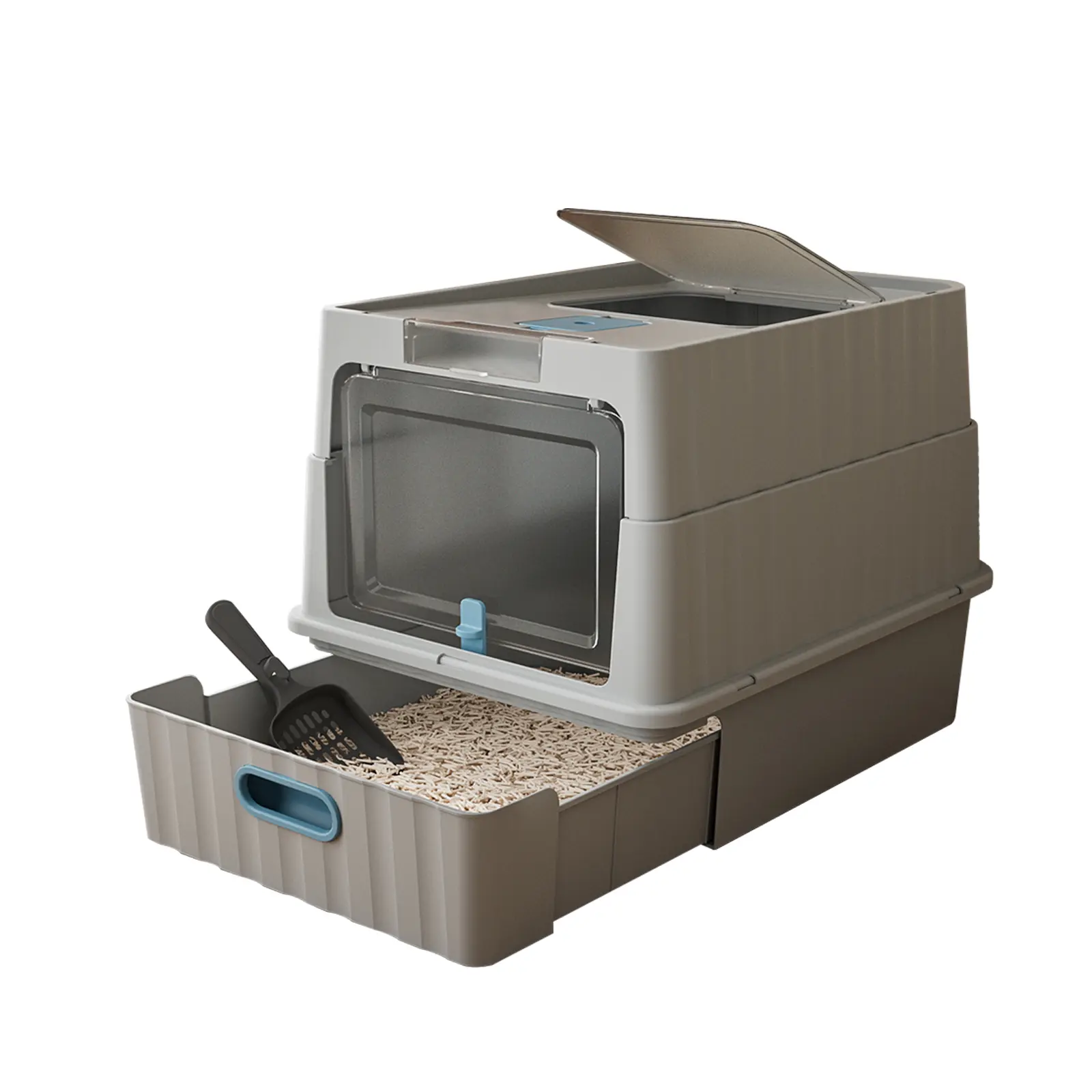 Extra-Large Thick Plastic Single Unit Drawer-Style Cat Litter Box - Dual Entries, Mess-Free Splatter Prevention, Odor Control Lock, Suitable for Large Cats, Includes Litter Scoop