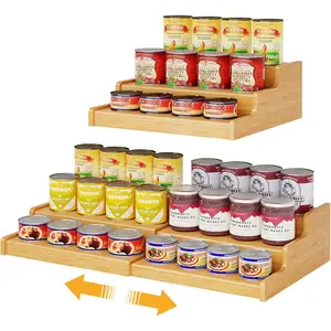 Expandable Bamboo 3-Tier Adjustable Can Rack Organizer, Holds Up to 24 Cans Canned Goods Storage Holder for Pantry Cabinet Countertop (patent pending)