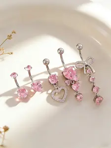 5 Pcs Y2K Heart Artificial Zircon Inlaid Belly Rings, Belly Button Piercing, Elegant Butterfly Knot Navel Piercing Jewelry Set, Daily Wear Body Jewelry for Women
