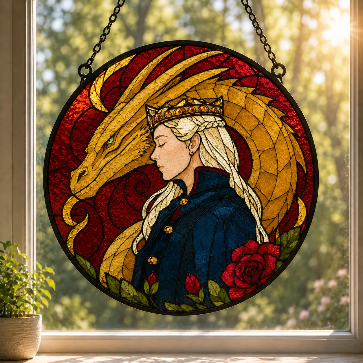 House of the Dragon Rhaenyra Targaryen & Syrax Stained Glass Window Suncatcher - Colorful Magical Metal Light-Faux Glass Artwork Hanging Decor - Gift Ready for Game Fans, Complements Décor Styles
