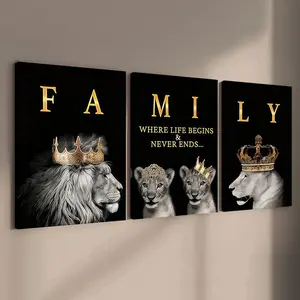 3-Piece Wood Frame Canvas Artwork Poster Set, Gold Crown Lion Family Modern Wall Decor, Western Wall Art, Wooden Wall Art, Wall Art Painting, High-Definition Waterproof Home Decoration
