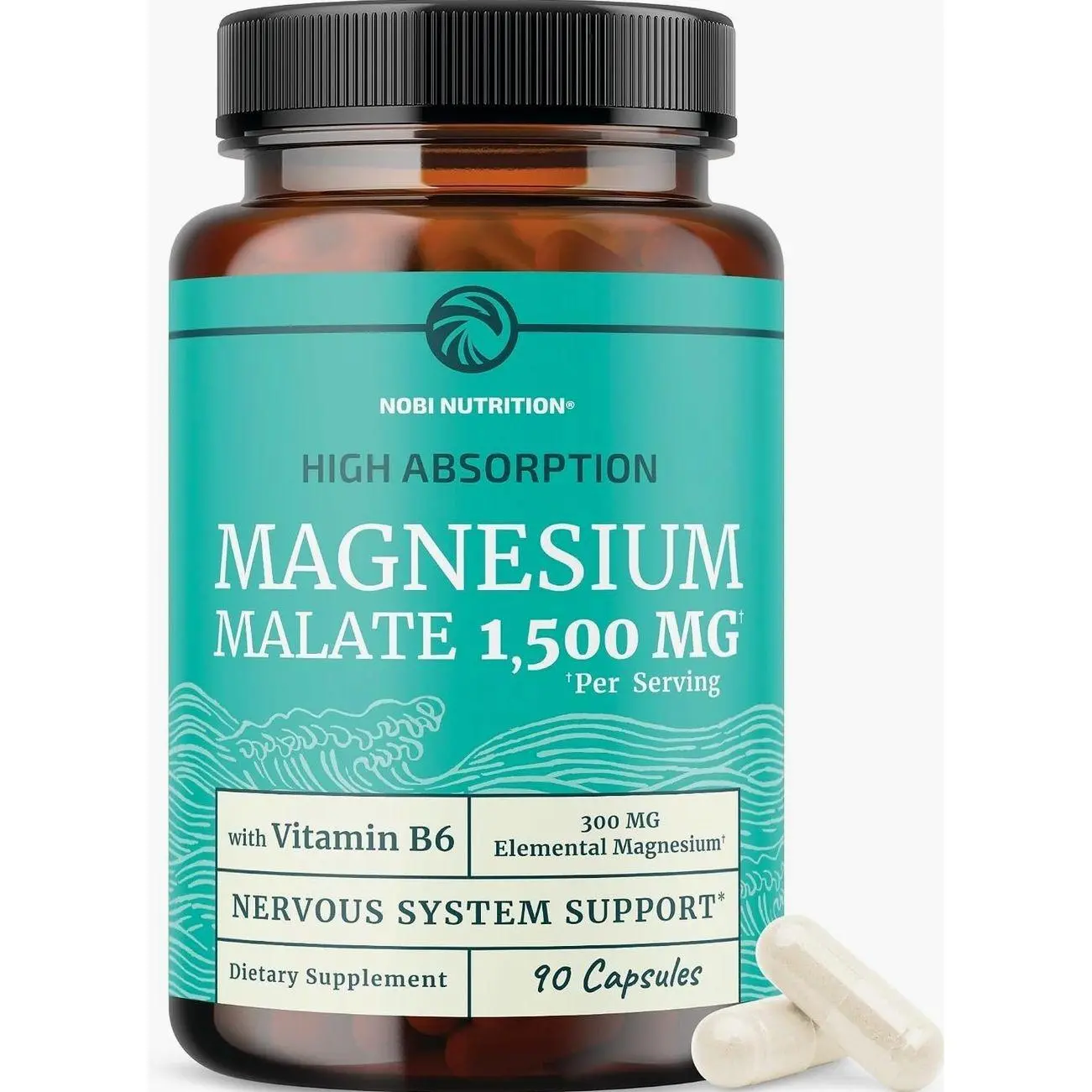 Magnesium Malate 1500MG | Energy & Nervous System Support | 300MG Elemental Mag Per Serving | High Absorption Magnesium Malate Capsules with VIT B6 + Black Pepper | Non-GMO | 90 Ct (1 Month Supply)