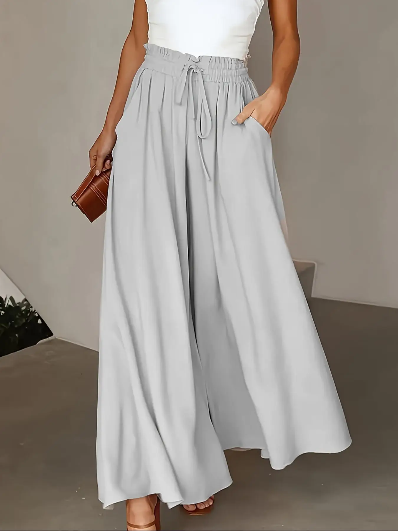 Plus Size Drawstring High Waist Wide Leg Pants with Pockets, Work Pants Women, Pants for Women, Casual Solid Trousers for Women Daily Wear Outdoor