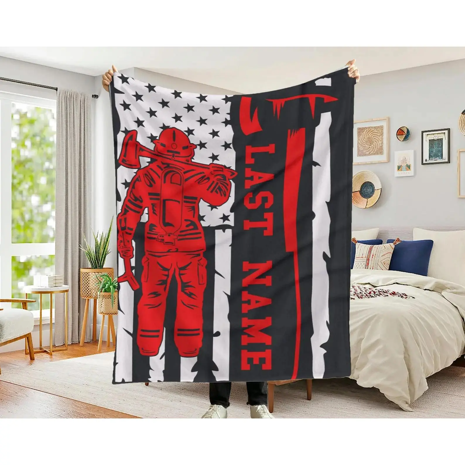 Custom Thin Red Line Firefighter Blanket - Personalized Fireman Gift, All Seasons, Lightweight, Soft Blanket Throw for Fire Department, All Seasons Blanket