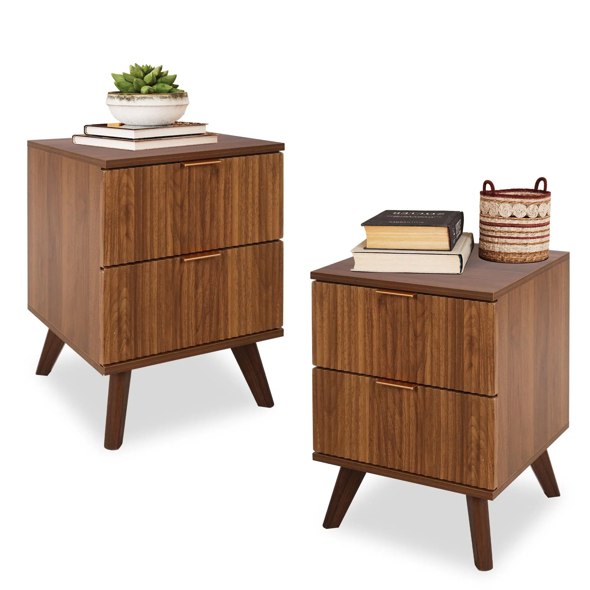 Giratree Fluted Nightstand, Mid Century Modern 2 Drawer Bedside Table for Bedroom, Small Dresser Night Stand Side Table End Table with Wood Fluted Drawer Storage for Bedroom Closet
