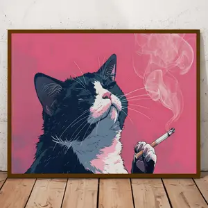 Smoking Cat Canvas Art Print - Frameless Wall Hanging Decor for Living Room, Bedroom, Home Office - Modern Retro Art Deco Style - Animal Print with Black Cat Theme - Ink Medium Poster for Indoor Use