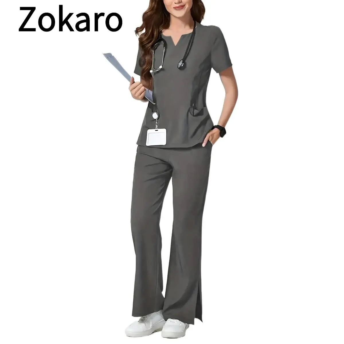Stylish Gray Scrub Set for Women – Elegant Short Sleeve Top & Pants for Healthcare, Beauty, and Pet Services, Perfect for Professional Attire, Comfortable Workwear, Trendy Medical Uniforms, Casual Outfit