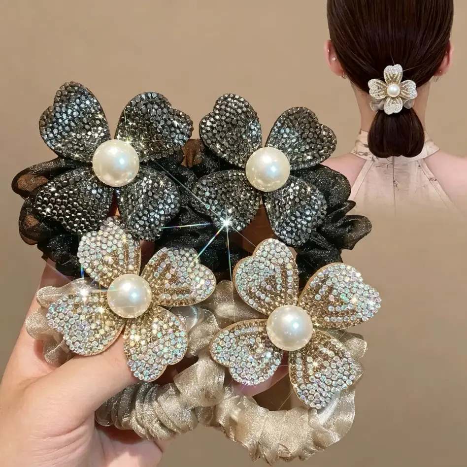4Pcs Pearl and Rhinestone Hair Ties, Elastic Hair Accessory, Elegant Headwear Accessories, Perfect for Stylish, Durable & Comfortable Design