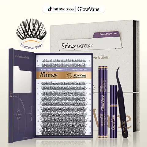 GlowVane TrueCurve Eyelash Clusters Kit, 0.03mm Invisible Curved Band Nature Wispy DD Curl Shape 8-18mm Lash Cluster DIY Extensions for Beginners, Seamless Eye Fit, No Strain (FS2)