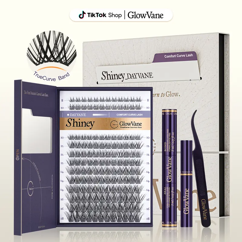 GlowVane TrueCurve Eyelash Clusters Kit, 0.03mm Invisible Curved Band Nature Wispy DD Curl Shape 8-18mm Lash Cluster DIY Extensions for Beginners, Seamless Eye Fit, No Strain (FS2)