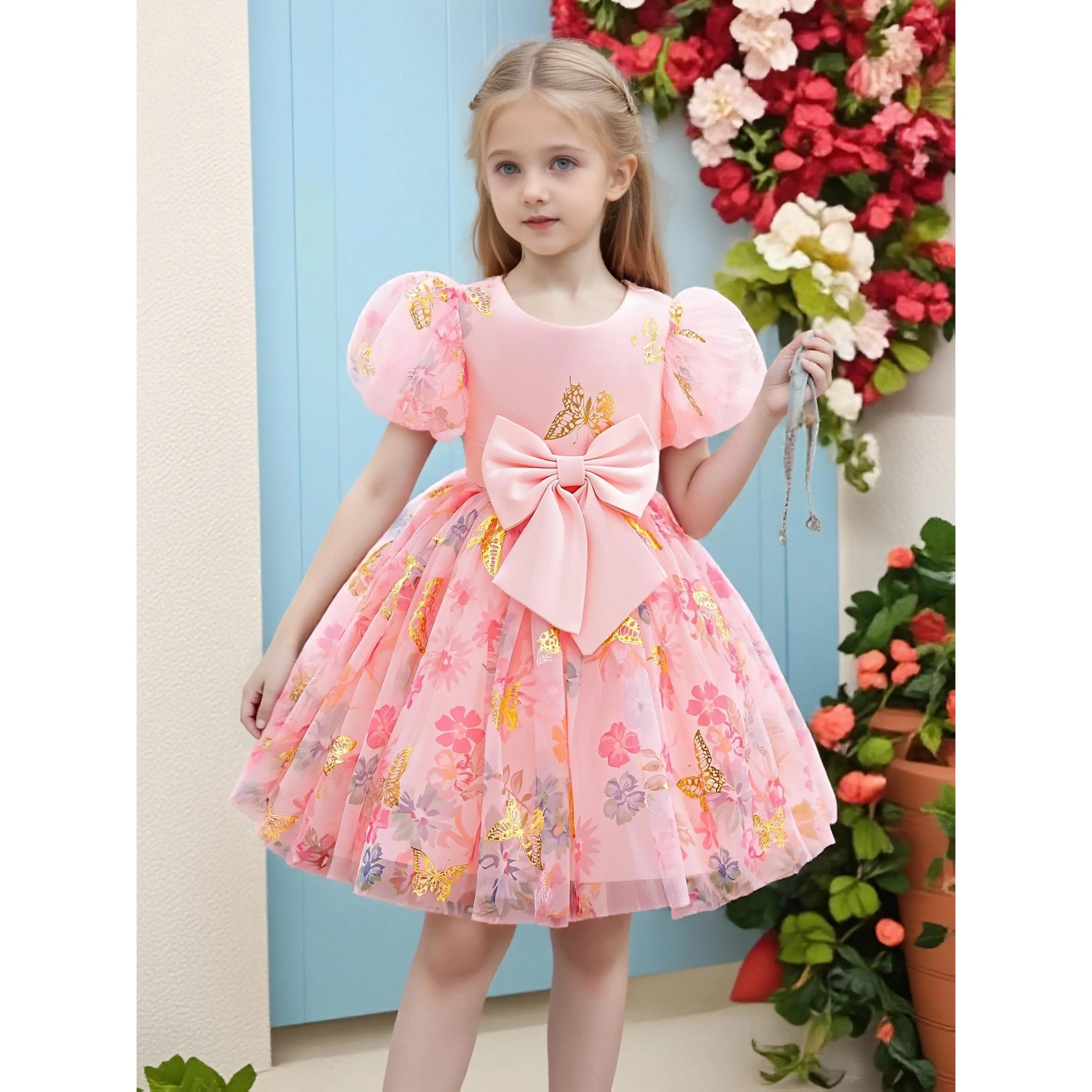 Girls' Butterfly Print Fantasy Princess Dress, Soft Cotton Short-Sleeve Formal Gown for Parties & Stage Performances, Breathable, Ages 1-6Y, Fantasy Princess Formal Dresses, 1-2Y