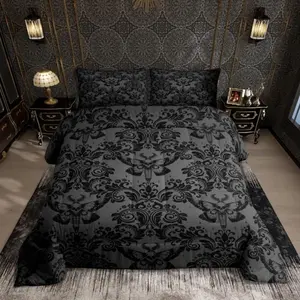 Feelyou Queen Bed Comforter Set - Gothic Black Damask, Death Moth Boho, Goth Skull, Vintage Victorian Baroque Floral Design Decorative Bedding Set with Duvet & Quilt, Cool Room Decor, Funky Home Decor