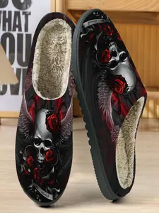 Skull Rose Print Cotton Slippers, Soft Bottom Skin-Friendly Warm Breathable, Anti-Slip Durable, Casual Home Wear, Fall & Winter