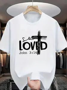 Round-neck Short-sleeve T-shirt Featuring a Christian Faith Graphic Design of a Brushstroke Cross Combined with the Bible Verse "So LOVED John 3:16" on the Front. The Design Is Solemn and Simple Conveying the Tension of Divine Love and Faith