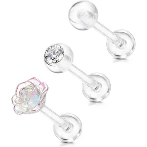 CASSIECA 3Pcs Clear PTFE Helix Rook Piercing Jewelry Bioflex Plastic Piercing Retainer for Surgery Work Sports, Tragus Daith Lobe Cartilage Earrings Studs Lip Eyebrow Belly Button Ring for Women