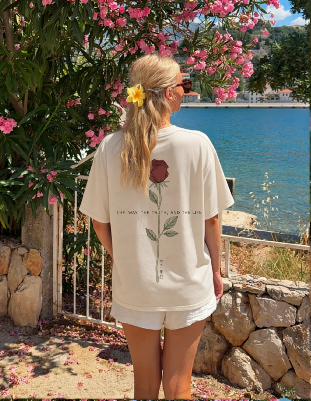 Women's Vintage "The Way The Truth And The Life" Flower-Printed Boxy T-Shirt, Heavyweight Oversized Breathable Casual Christian Tee
