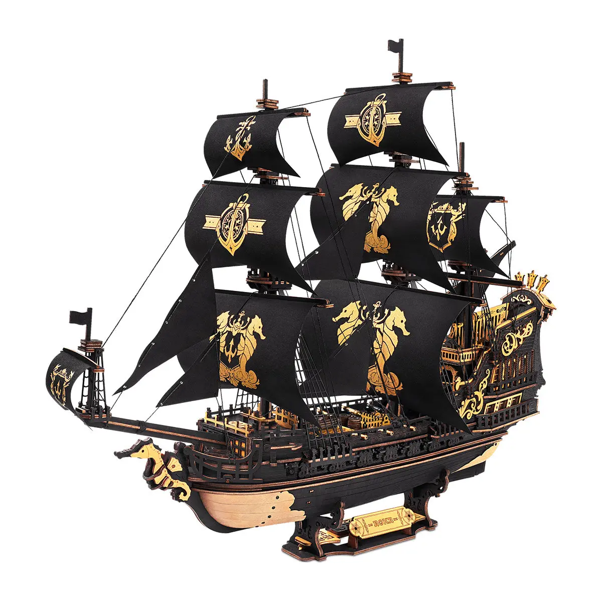 ROBOTIME Seahorse Advanced 3D Wooden Puzzle, Black Pirate Ship Model Kit (603 Pcs) for Adults, Home Office Decor Gift, 3-D Wooden Puzzle Building Set MCB02, Advanced Puzzle, 3D Wooden 3-D Puzzles