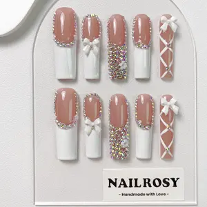 Long Square Fake Nail, Glittering Fake Nails, 10pcs/set Glitter Rhinestone Decor Fashion Press on Nails for Women & Girls, Elegant Stick on Nails Kit, Nail Art Stickers, Press on Nail Sets, Acrylic Nail Extensions, Handmade Wedding Nails