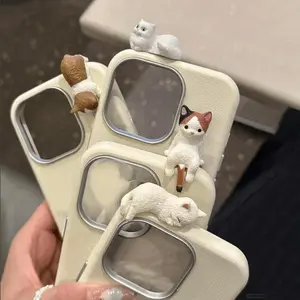 iPhone 16 Compatible Cat Design Leather Case Cover, Casing, Cute 3D Cat Relief for 16 Pro Max 15 14 13 12, Full Protection Stylish Girls' Accessory