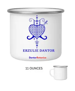 VEVE KODE LWA ERZULIE DANTOR EZILIDANTO Kode loa Veve Hoodoo Vodou Voodoo hougan Manbo Wican Altar White Enamel Mug 11 OZ with Silver Rim Camping Travel Coffee Metal Mug Can be used as a gift for Christmas Thanksgiving Mother's Day Father's Day