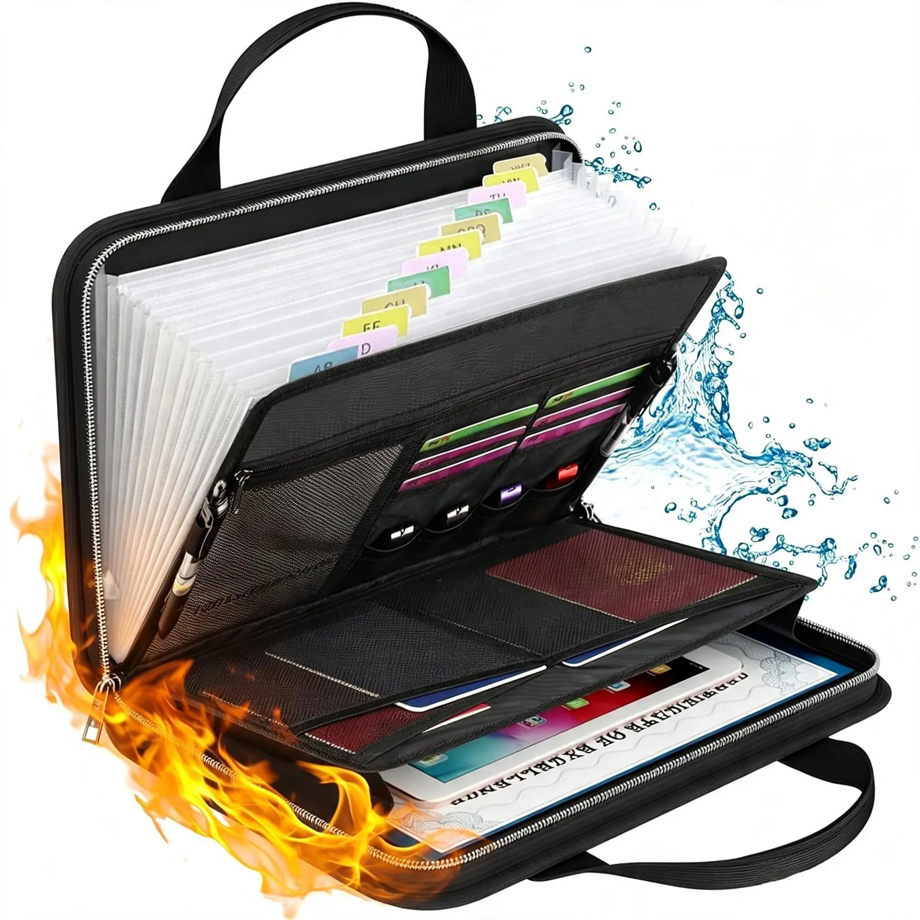 Portable Fireproof Document Case for Travel, 13 Slot A4 Waterproof Folder with Pen Holder and Zipper Security