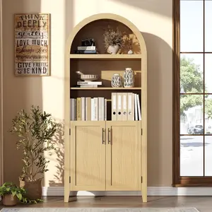 Arched Bookcase with Doors - 5 Tier Open Display Shelf with Rattan Decor, Modern Bookshelf Storage Cabinet for Home Office Living Room Library, Natural